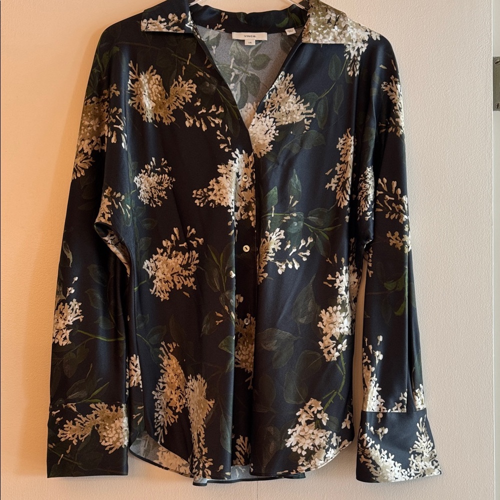 Vince Black Floral Silk Button Down Shirt